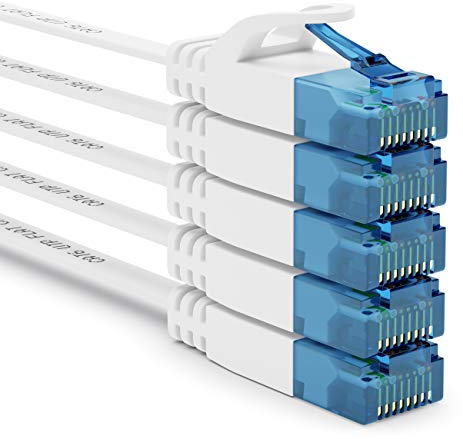 deleyCON 5x 2m CAT6 Plano Cable de Red 1000 Mbit Gigabit LAN - Cat 6 RJ45 Ethernet Cable de Conexión Delgado Cable de Instalación Plano - para Internet Conmutador Router Módem - Blanco