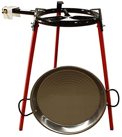 FERRETERIA LEPANTO Kit Paellero 30 cm Gas butano, paellera de acero pulido de 38 cm, regulador de Gas + 1,5 metros de Manguera, soporte de 3 Patas reforzadas
