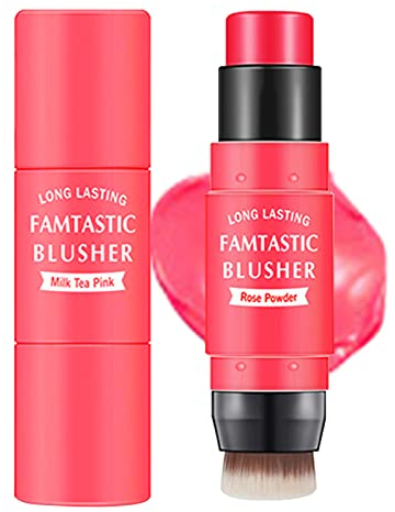Erinde 3-in-1 Wangenrouge & Lippentönung & Lidschatten, cremiger Rouge-Stick für Wangen & Lippen mit Pinsel, leicht aufbaubare, feuchtigkeitsspendende Formel, einfach zu verwenden (02#Rose Pink)
