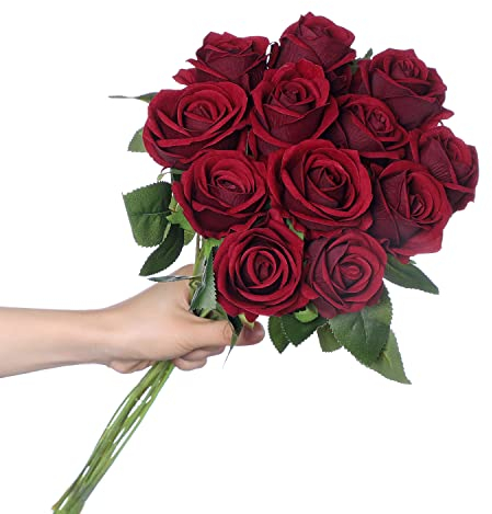 huaao 12 Stück Künstliche Rosen Seide Blumen, Hochzeitsarrangements Seidenrosen Single Stem Realistic Fake Rose Bouquet für Brautstrauss Hochzeitssträuße Dekoration, Weinrot