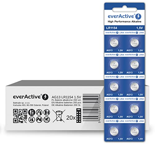 everActive Lot de 200 Piles AG13 1,5 V alcalines Mini G13 LR1154 LR44 - Durée de Vie de 4 Ans - 20 Cartes Blister