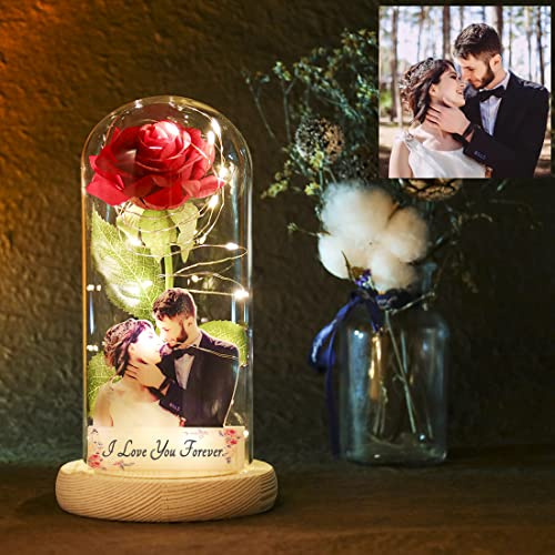 Regali personalizzati per San Valentino per lei, foto personalizzata eterna rosa in vetro regalo per mamma, fiore di rose con luci in cupola di vetro, regali per donne, moglie, festa della mamma
