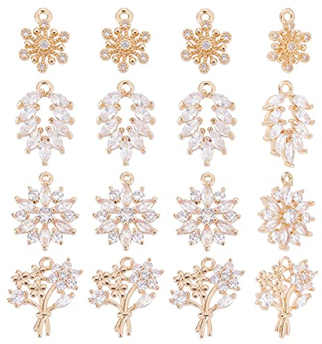 NBEADS 16 Stück 4 Stile BLUMENNn Blatt Schneeflocke Zirkonia Charms, Leicht Vergoldete Messing Charms Pflastern Strass Charm Mikro Pavé Charms Für Die Schmuckherstellung Halsketten Armbänder Ohrringe