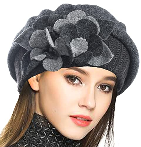 VECRY Damen 100% Wolle Französische Baskenmütze Blumen Strickmütze Schädelkappe Kleid Wintermütze (Grau,M)