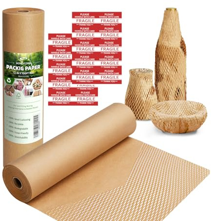 Honeycomb Packing Paper,12 W x 100' L Packing Paper for Moving,Products & Gifts Honeycomb Wrapping Paper,Recyclable and Biodegradable Cushioning Packing Material with 10 Fragile Sticker Labels