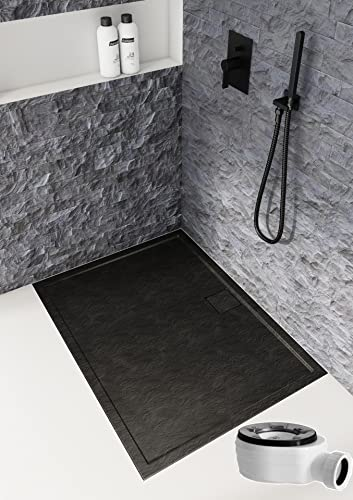 Sellon24® Bandeja de ducha acrílica extraplana 50 mm negro aspecto piedra plato de ducha desagüe incluye (90 x 120 x 5 cm)