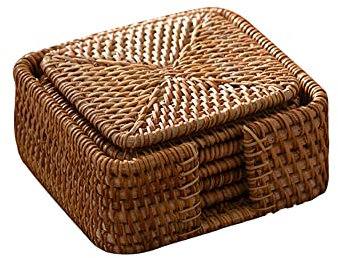 6PCS Quadratisch Rattan Untersetzer Set,Natürliche Seegras Rattan Tischsets Handgefertigte Gewebte Platzset Hitzebeständige Platzdeckchen,Rattan Tassenmatten für Getränke,Teetassen,Esstisch,10CM