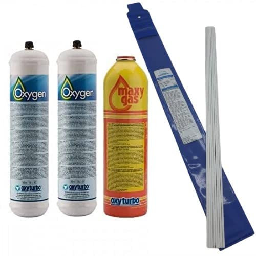 GASFRIGO - N° 2 bombole ossigeno per saldatura 930 ml. 110 bar M12x1 + 1 bombola maxy gas 350 g. 7/16 + bacchette per saldatura rivestite con argento al 25% confezione da 100 gr.