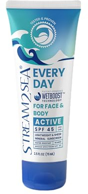 Stream2Sea Crème solaire minérale active SPF 45 Every Day | 75 ml – Crème solaire biodégradable et sans danger pour les récifs pour le visage et le corps | Protection minérale non grasse, légère et