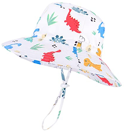 LACOFIA Sombrero de Sol Bebé Gorro Verano para Niños Sombrero Playa de ala Ancha UPF 50+ Proteccion Solar con Correa Ajustable para Barbilla Dinosaurio Blanco 4-6 años