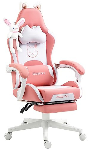 Dowinx Gamingstol – söt kattutgåva – ergonomisk datorstol med högt ryggstöd och ländryggsstöd, PU-läder, fotstöd, rosa
