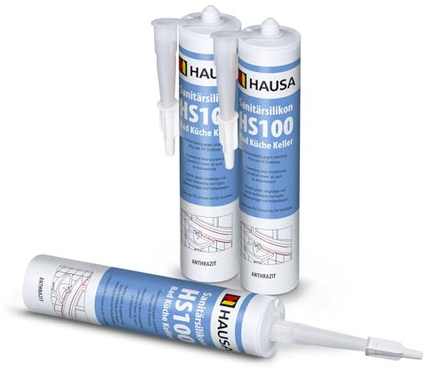 HAUSA Sanitär-Silikon HS100 Anthrazit 3x 310ml hochelastische Fugendichtmasse für Bad Dusche Küche wasserdichter Acetat Silikon-Dichtstoff in Kartusche zum Abdichten Verfugen