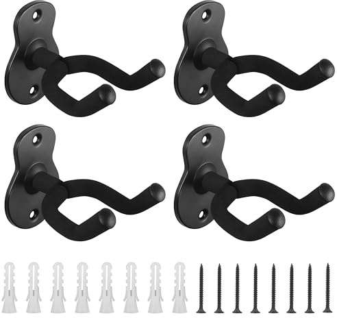 BELLE VOUS Lot de 4 Porte Guitare Muraux Noirs avec Vis - Support Mural Guitare Electrique & Acoustique - S’adapte à la Plupart des Tailles - Stand Guitare pour Ukulélé, Basse, Mandoline & Banjo
