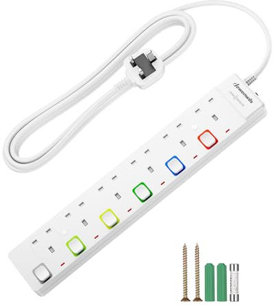 DEWENWILS 6 Way Surge Protected Extension Lead, Individual Switches and Indicator Lights, Extension Cable 3M, 13 Amp 6 Gang Power Strip, 3250W, Multicolor Switch, White