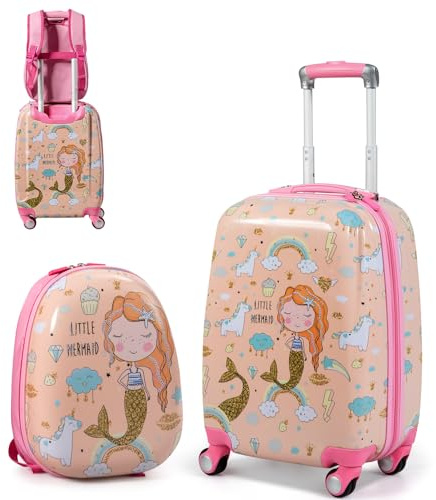 SOARS Set di Valigia 18’’ + Zaino 12’’ per Bambini 2 Pezzi, Bagagli 2-in-1 con Zainetto da Viaggio Aereo, Trolley con Maniglia Telescopica e 4 Ruote a 360° (Rosa Sirena)