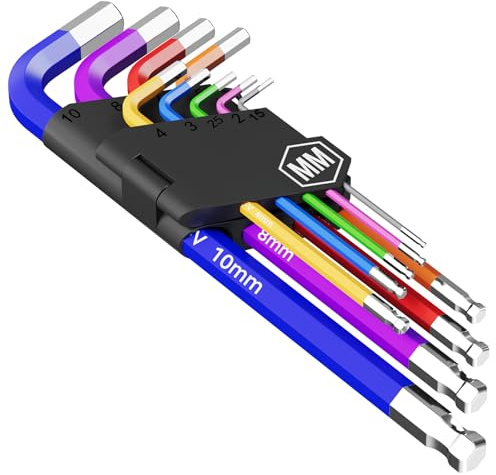 Fineonly 9PCS Allen Wrench Set 1.5-10mm Long Ball End Hex Key Set Cr-V Metric Allen Key Hexagonal Assortment