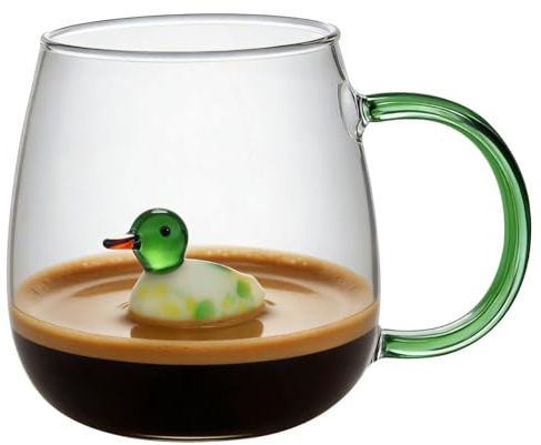 Lanfly 3D Animal Glass Duck Mug, 400ML with Handle, Duck Gifts for All | Cute Duck Inside, Heat Resistant Glass Tea Cup, For Coffee Tea Milk Latte, Birthday Day Gifts for Women Men Kids
