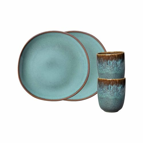 like. by Villeroy & Boch - Lave Glacé Frühstücks-Set 4-teilig, Becher ohne Henkel (400 ml) und Frühstücksteller (23 cm) für 2 Personen, Steingut, Türkis