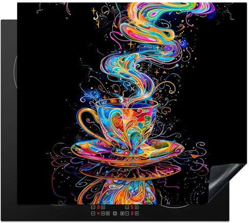 KitchenYeah© Herdabdeckplatte Einteilig Abdeckplatten Cerankochfeld | 60x52 cm - Abdeckung Ceranfeld Herdplattenabdeckung Induktionsmatte Kaffee - Bunt - Schwarz - Tasse