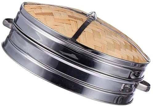 ANSNOW Stainless Steel Steamer 2 Tiers Bamboo Steamer Basket Chinese Natural Rice Cooking Cooker with Lid Bamboo Cooker for Sim Sum Dumplings, Vegetables, Rice, Meat, Fish/1 Layer + 1 Lid/4 Inches