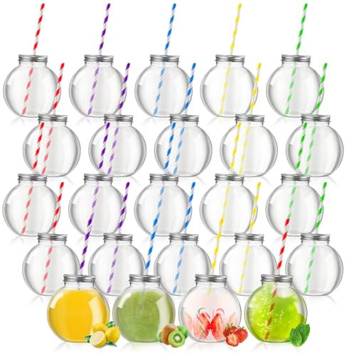 Yaomiao Mini-Fischschalen aus Kunststoff, transparent, kugelförmige Fischschalen mit Deckel und Strohhalmen, für Karneval, Spiele, Halloween, Süßigkeiten, Getränke, Mottoparty, Dekoration, 24 Stück,