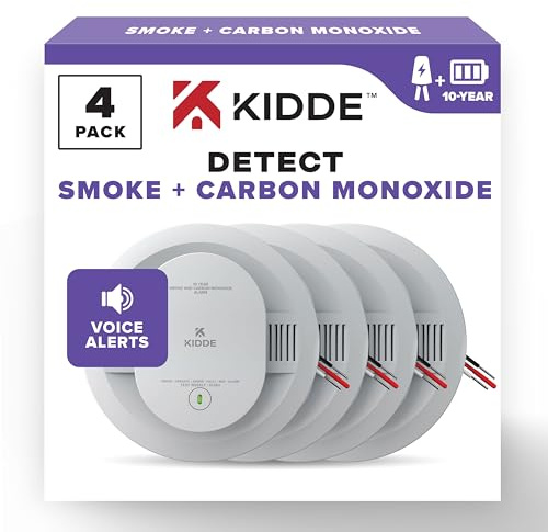 Kidde Hardwired Smoke & Carbon Monoxide Detector, 10-Year Battery Backup, Voice Alerts, Interconnectable LED Warning Light Indicators, 4 Pack