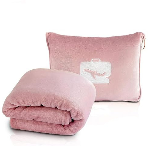 Travel Blanket and Pillow, Ultra Soft 2 in 1 Airplane Blanket with Compact Pillowcase, Luggage Strap, Lightweight Travel Essentials, Ideal for Long Flights, Camping, Sunset (Light Pink)