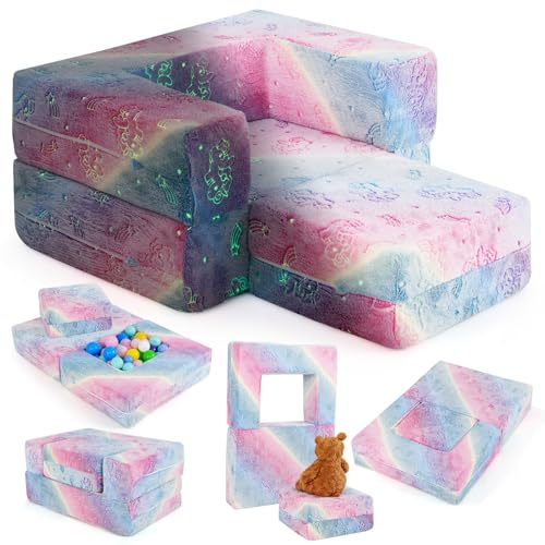 DREAMADE 5-in-1 Kindersofa ausklappbar, Kinderspielsofa aus Flanellstoff mit leuchtenden Mustern, abnehmbarem Bezug, Kindercouch Kindersessel Kindermöbel für Kinder ab 3 Jahren (Bunt)