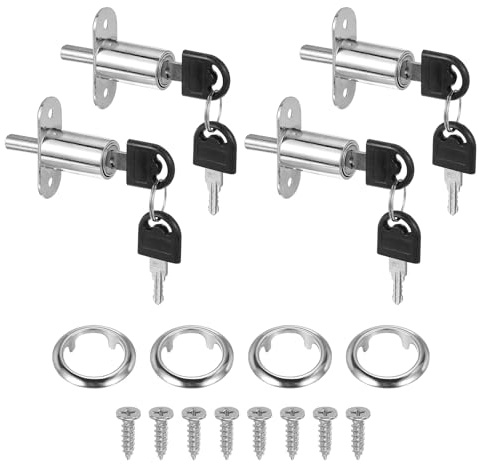 sourcing map Push Plunger Lock with Keys & Screws & Locking Ring 3/4 Cylinder Diameter, Keyed Different 1-1/4 Cylinder Length for Window Barn Drawer Cabinet (Pack of 4, Silver)