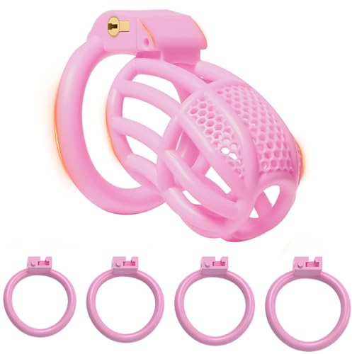 BDSMYEE Petite cage de chasteté avec 4 cockrings, Sissy Sex Toy jouet sexualité couple Sextoy homme, Pénis Sex toys pour Empêcher L'érection (Rose, L)