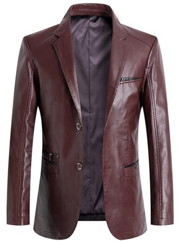 BXCZEDW Blazer da uomo in pelle, casual, con rever, vestibilità regolare, a 2 bottoni, con tasche, Rosso vinaccia, M
