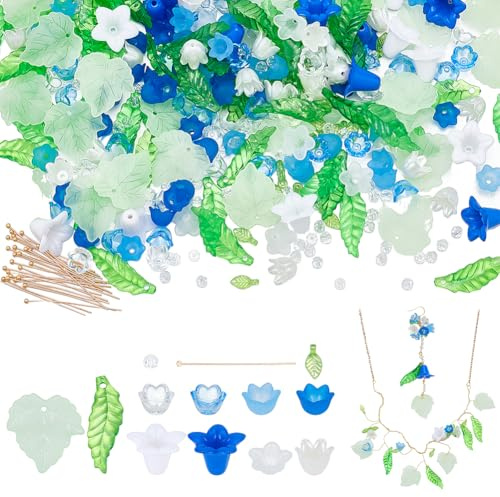 NBEADS 417 Pcs Acrylic Assorted Beads Kit, Tulip Flower Beads Caps Trumpet Flower Leaf Acrylic Pendants Earring Making Kit with Brass Ball Pins for Jewelry Making
