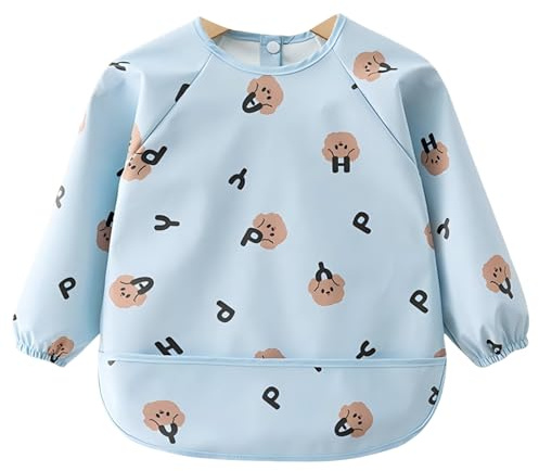 DiiWmme Babero con Mangas Largas Impermeable para Bebés de 0 a 24 Meses,Ideal para Alimentación,Cubrepañal Suave de PU con Diseños Divertidos (Azul)