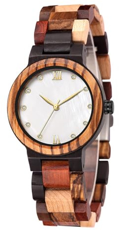 Tiong Damen Holzuhr Analog Quarz Armbanduhr mit Holzarmband, Elegante Holz Uhr für Frauen, Leichte Quarzuhr als Geschenk für Frauen