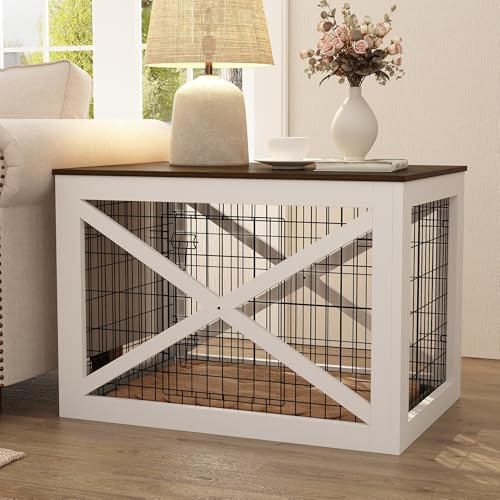 Hundekiste XXL für Große Hunde (68x98x66 cm) – Stylische Möbel-Hundebox aus Weißem MDF mit Beistelltisch-Funktion, Stabiler Fixierung & Design – Indoor-Hundezwinger, Hundekäfig als Haustier-Kiste