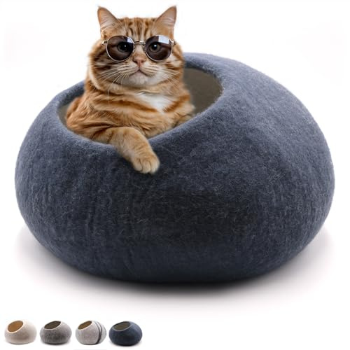 Miauff Katzenhöhle aus Filz – Handgefertigte Kuschelhöhle aus 100 % Merino-Wolle – Hygienisch, geruchsneutral & stilvoll​, ca. 45x45x30 cm (azurblau, ohne Lammfell)
