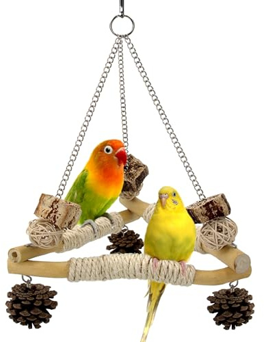 Jevnd Bird Swing for Cage with Chew Toys, 3 Sisal-Wrapped Parrot Perches & Stable Triangle Design, Wooden Hanging Parakeet Toys Swing for Cockatiel Lovebirds Conures Quaker Balance Training (S)