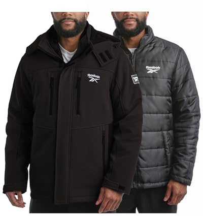 Reebok Mens Winter Coats - 3 in 1 System Hooded Softshell Windbreaker Jacket and Quilted Puffer Insulated Mens Ski Jacket, Size Small, Black Ink
