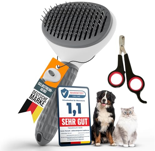 Kecks Tierwelt – Katzenbürste & Hundebürste im Set: Für Kurz & Langhaar Inkl. Krallenschere reduziert Haarausfall, sorgt für glänzendes Fell & ist leicht per Knopfdruck schnell zu reinigen. (Grau)
