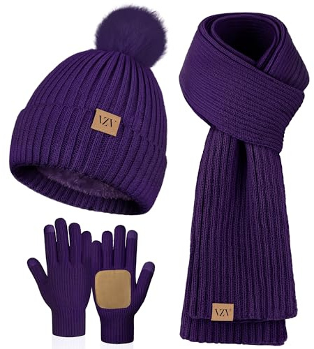 VZV Damen Winter Beanie Mütze Schal Handschuhe Set Fleece Gefütterte Strick Pompon Mütze Warm Halstuch Touchscreen Handschuhe Geschenk Für Frauen (Lila, Einheitsgröße)