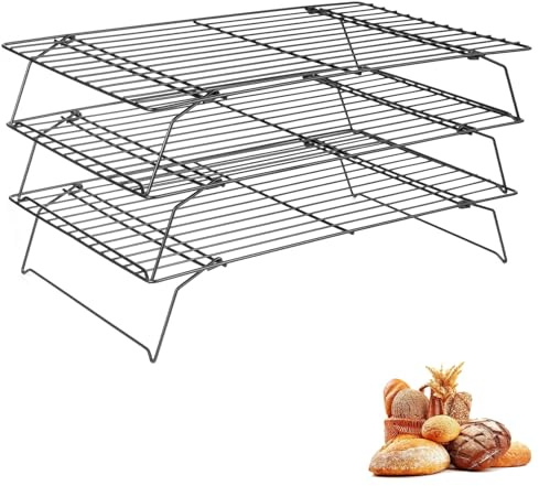 Grille de Refroidissement, Lot de 3 Grilles de Refroidissement Empilables, 40 x 25 cm, Grilles de Refroidissement en Acier Inoxydable, pour Pâtisseries, Gâteaux Fraîchement Cuits, Muffins, Noir