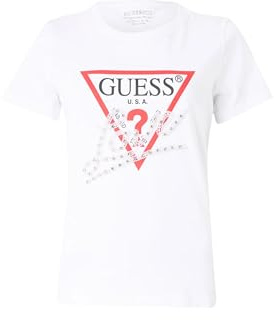 GUESS Maglietta da donna, con logo triangolare, a maniche corte, bianco, bianco, S