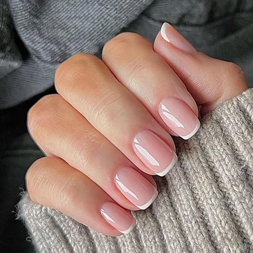 Viugex 24 Stück Künstliche Nägel Kurz Eckig, Nude Rosa Press on Nails French Weiß Tip Natürlich Nägel Zum Aufkleben, Acryl Vollabdeckung Fake Nails, Ballerina Falsche Nägel für Frauen Mädchen Maniküre