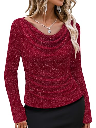 Gaharu Elegante Party Oberteile Damen: Glitzer Modische Damen-Shirt - Wasserfallkragen Festliche Bluse - Herbst Elegante Abendkleid