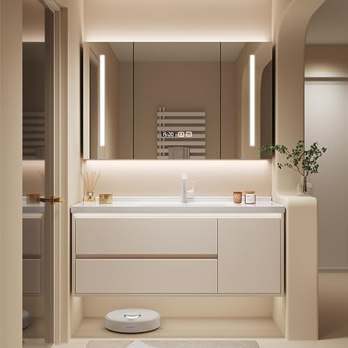 Mobile da bagno a parete, 110 cm, con lavabo in ceramica e specchio intelligente, in legno massello, grande spazio per riporre oggetti in bagno moderno