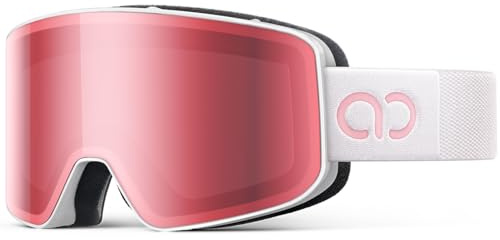 Lamicall Ski Goggles, Skiing Goggles - 【HD Anti-fog Lens】 UV400 Protection Snow/Snowboard Goggles with Wide OTG Over Helmet Compatible, Anti-glare for Men & Women - White Frame Pink Lens