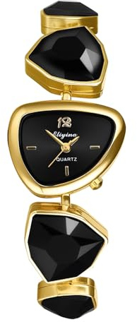 JewelryWe Damenuhr Klein Dreieckig Strass Armbanduhr Geburtsstein Gold | Damen Analog Quarz Uhr mit Kristallen, schmalem Edelstahlarmband, Sonnenstrahl-Zifferblatt, Alltag Party Geschenk