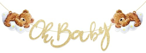 Oh Baby Shower Banner, Goldglitzer Geburt Banner mit Teddybär für Babyparty, Neutrales Deko für Jungen Oder Mädchen