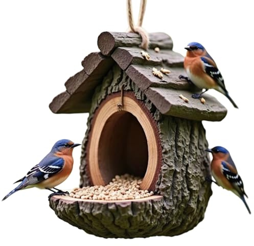 Vintage Baumhaus-Form Vogelfutterstation, Outdoor Hängende Hausstil Wildvogel-Futterstation mit offenem Design & Saatschale, Rustikaler dekorativer Futterspender für Garten, Hof, Terrasse & Balkon (1