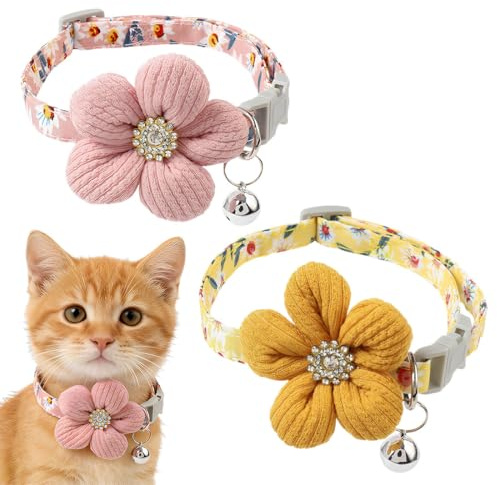 GILWUMO Set di 2 Collari per Cane con Fiori & Campanelli - Collare Cane Taglia Piccola, Taglia Regolabile per Cani & Gatti di tutte le Età (Rosa, Giallo)